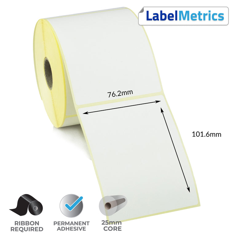 76.2 x 101.6mm Thermal Transfer Labels - Permanent Adhesive