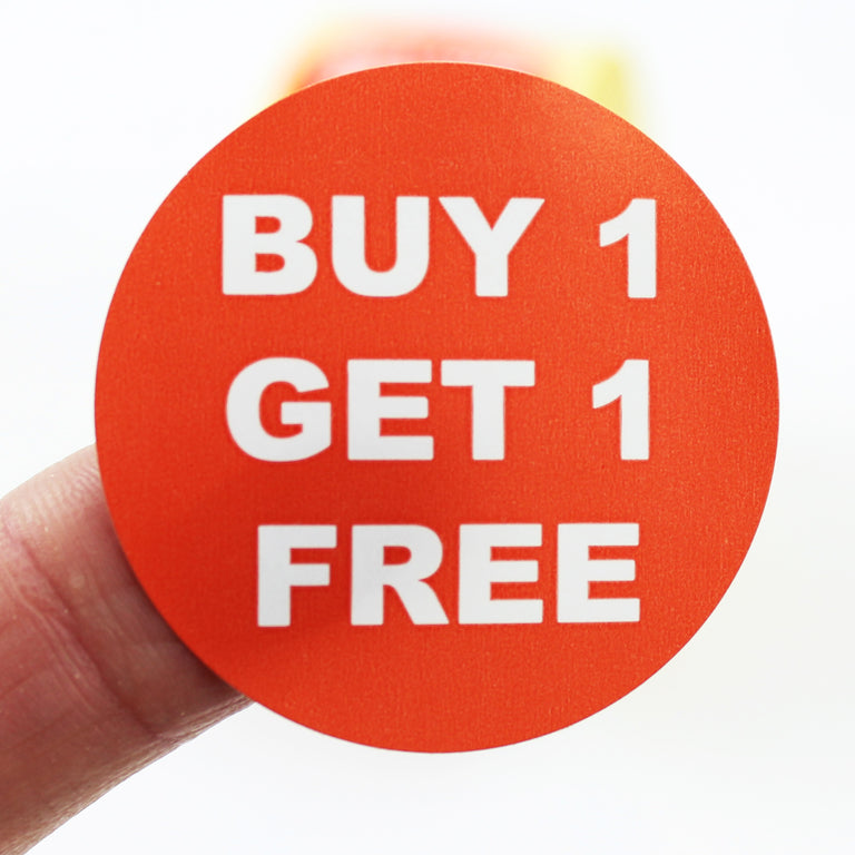 Buy 1 Get 1 Free Promotional Labels, Red & White. 40mm Diameter.