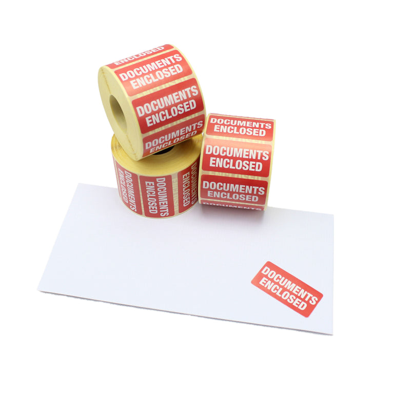 Documents Enclosed, 50mm x 25mm printed labels. Red and White.