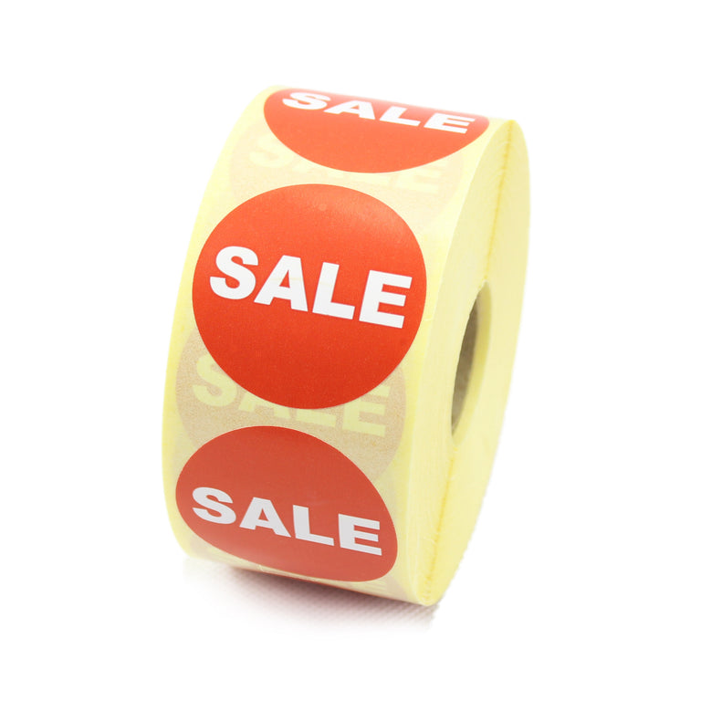 SALE Promotional Labels, Red & White. 40mm Diameter.
