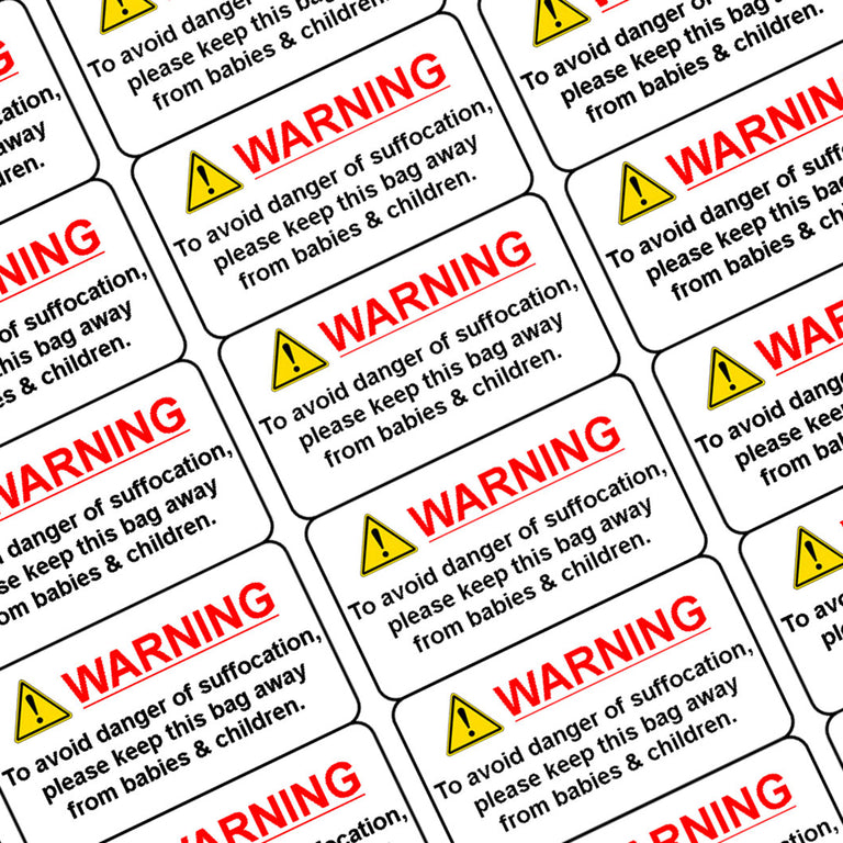 Warning / Hazard, Bag suffocation labels / Stickers, 65 labels per A4 sheet.