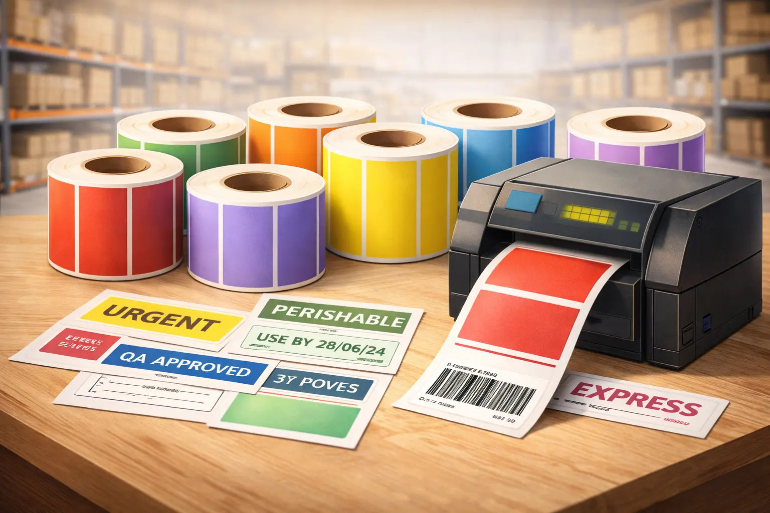 Coloured thermal labels on a table