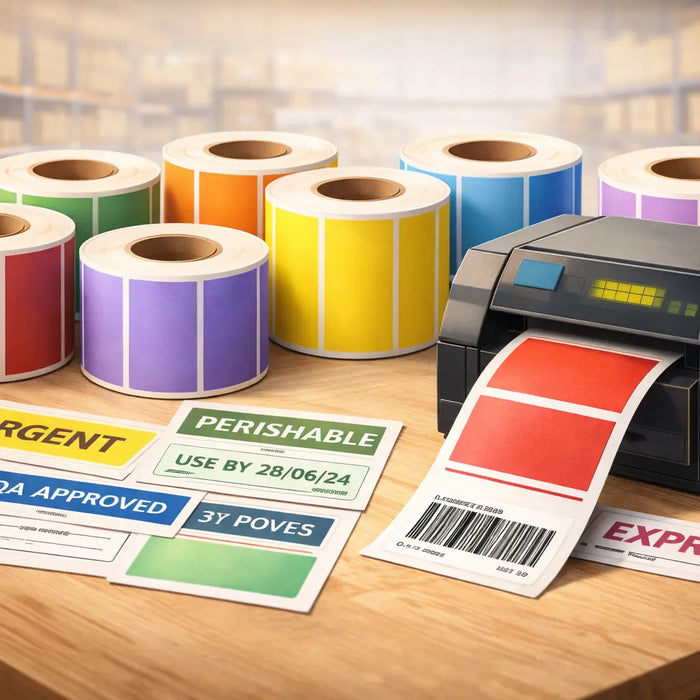 Coloured thermal labels on a table