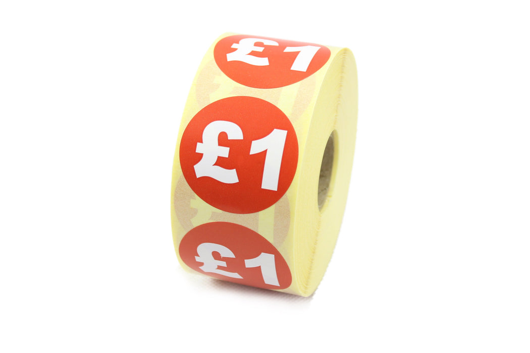 Printed Â£1 Promotional Labels, Red & White. 40mm Diameter.