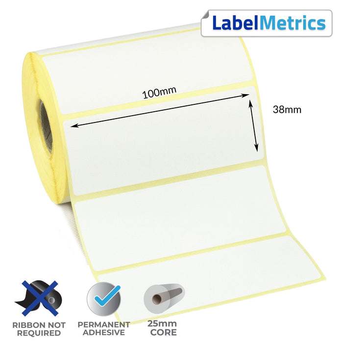 100 x 38mm Direct Thermal Labels - Permanent Adhesive