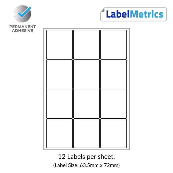 A4 Laser Labels - Inkjet Labels - 12 Per Sheet, 63.5mm x 72mm (LL12SE)