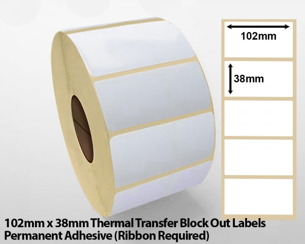 102 x 38mm Thermal Transfer Block Out Labels - Permanent Adhesive