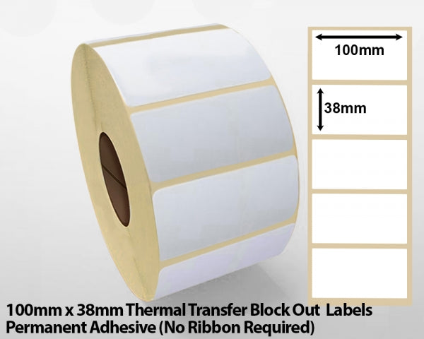 100 x 38mm Thermal Transfer Block Out Labels - Permanent Adhesive