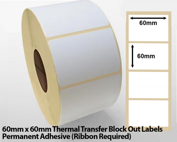 60 x 60mm Thermal Transfer Block Out Labels - Permanent Adhesive