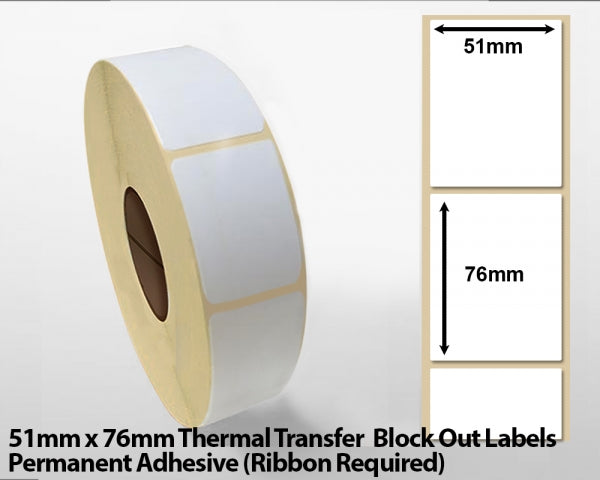 51 x 76mm Thermal Transfer Block Out Labels - Permanent Adhesive