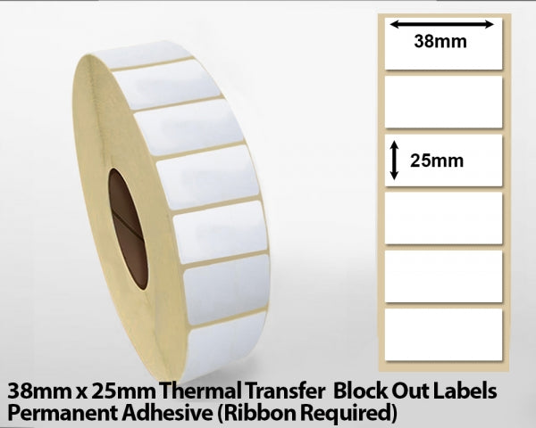 38 x 25mm Thermal Transfer Block Out Labels - Permanent Adhesive