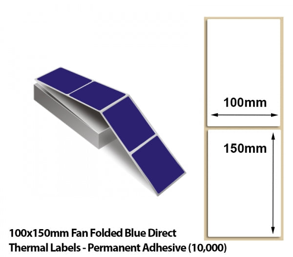 100x150mm Fan Folded Blue Direct Thermal Labels - Permanent Adhesive (10000)