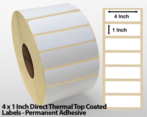 4 x 1 Inch Direct Thermal Top Coated Labels - Permanent Adhesive