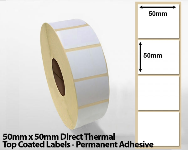 50 x 50mm Direct Thermal Top Coated Labels - Permanent Adhesive