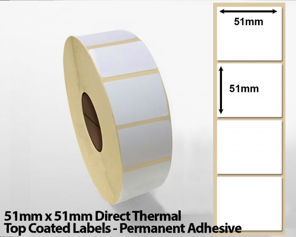 51 x 51mm Direct Thermal Top Coated Labels - Permanent Adhesive