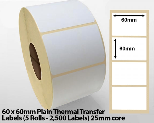 60 x 60mm Plain Thermal Transfer Labels (5  Rolls - 2500 Labels) 25mm core