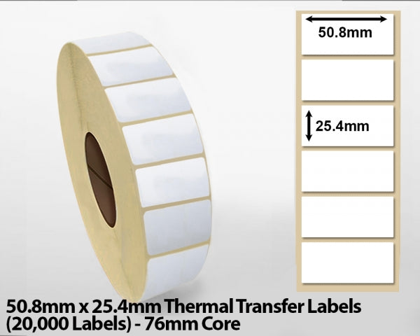 50.8x25.4mm Thermal Transfer Labels (20000 Labels) 76mm core