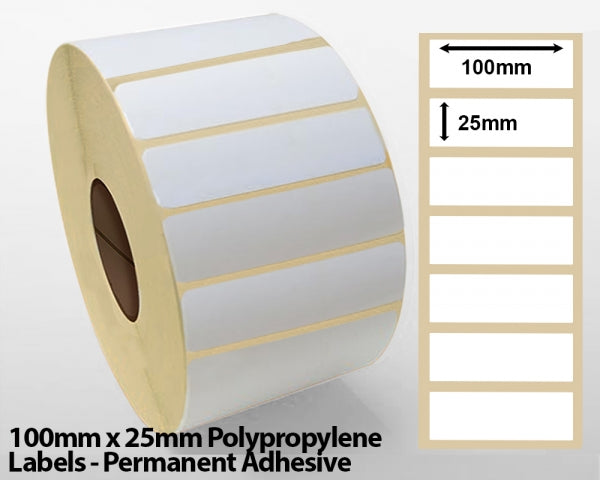 100mm x 25mm Polypropylene Labels - Permanent Adhesive