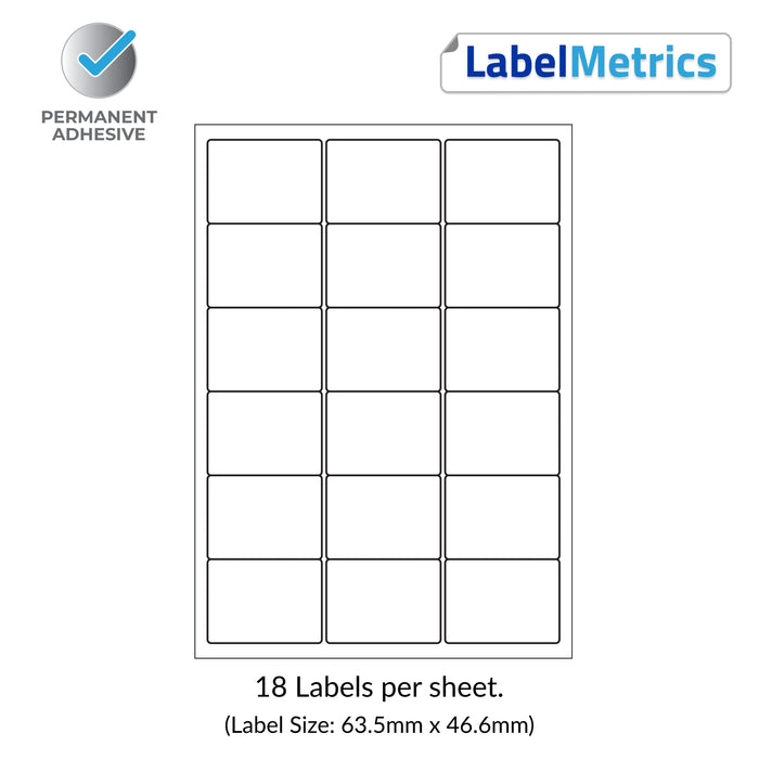 A4 Laser Labels - Inkjet Labels - 18 Per Sheet (63.5mm x 46.6mm)