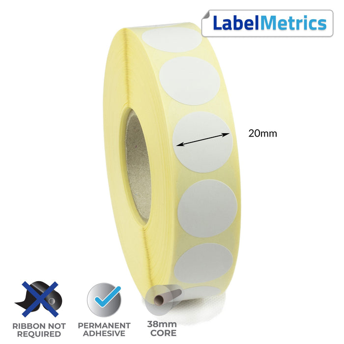 20mm Diameter Direct Thermal Labels - Permanent Adhesive