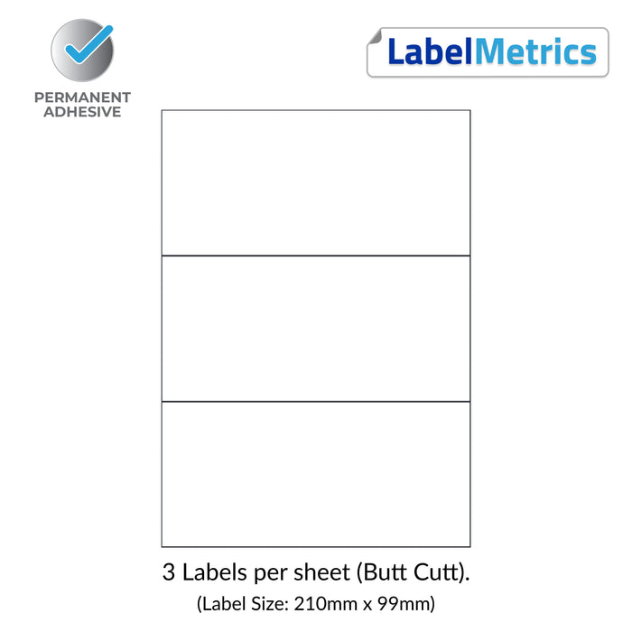 A4 Laser Labels - Inkjet Labels - 3 Per Sheet (210mm x 99mm)