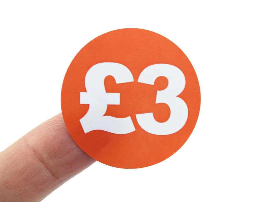 Printed Â£3 Promotional Labels, Red & White. 40mm Diameter.