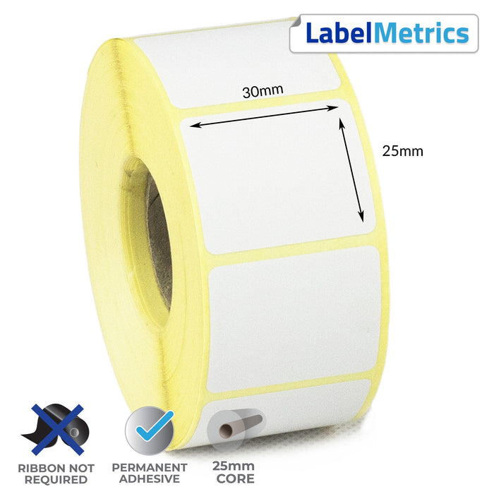 30 x 25mm Direct Thermal Labels - Permanent Adhesive