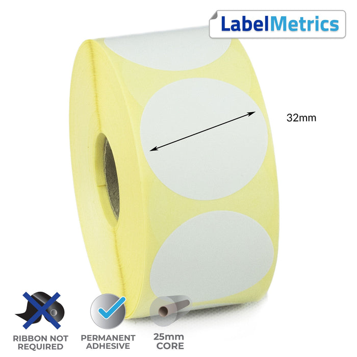 32mm Diameter Direct Thermal Labels - Permanent Adhesive