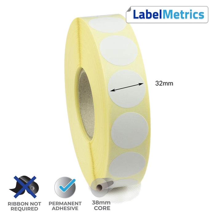 32mm Diameter Direct Thermal Labels - Permanent Adhesive