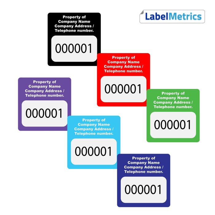 38mm x 38mm Custom Asset Labels, Gloss Polypropylene, Permanent adhesive. Choose your colour, add your text and number sequence.