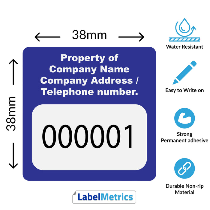 38mm x 38mm Custom Asset Labels, Gloss Polypropylene, Permanent adhesive. Choose your colour, add your text and number sequence.