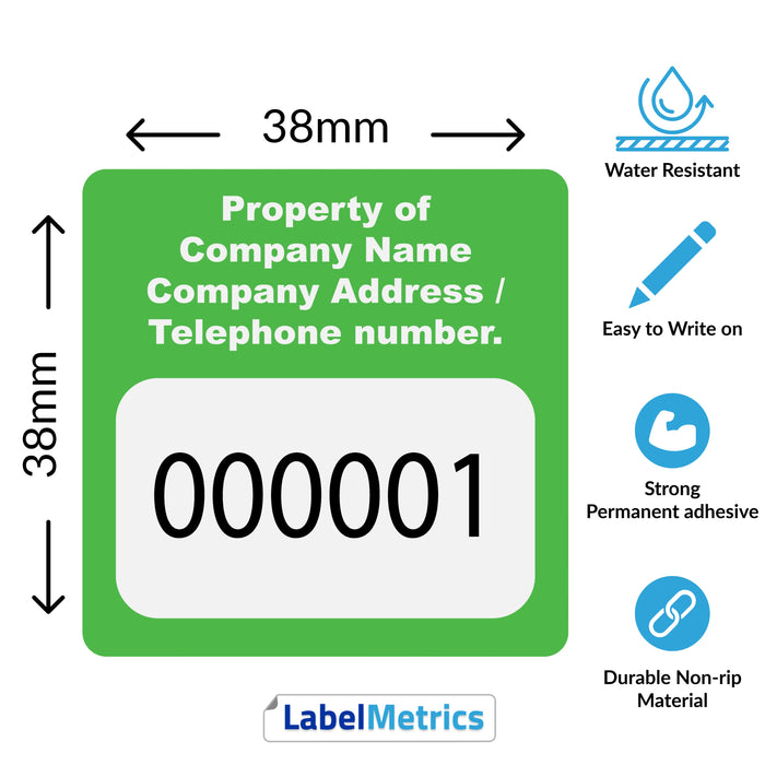 38mm x 38mm Custom Asset Labels, Gloss Polypropylene, Permanent adhesive. Choose your colour, add your text and number sequence.