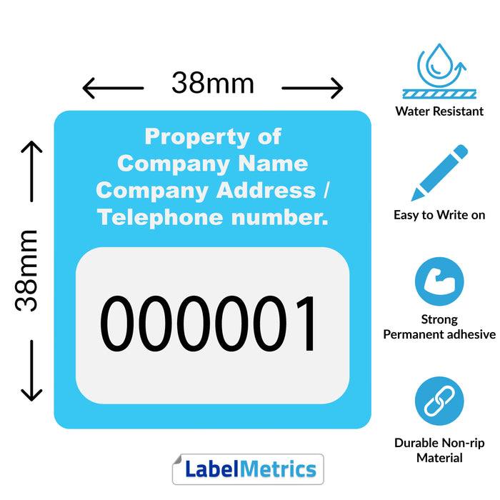 38mm x 38mm Custom Asset Labels, Gloss Polypropylene, Permanent adhesive. Choose your colour, add your text and number sequence.