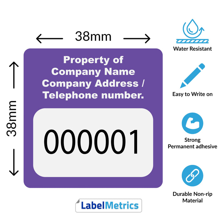 38mm x 38mm Custom Asset Labels, Gloss Polypropylene, Permanent adhesive. Choose your colour, add your text and number sequence.