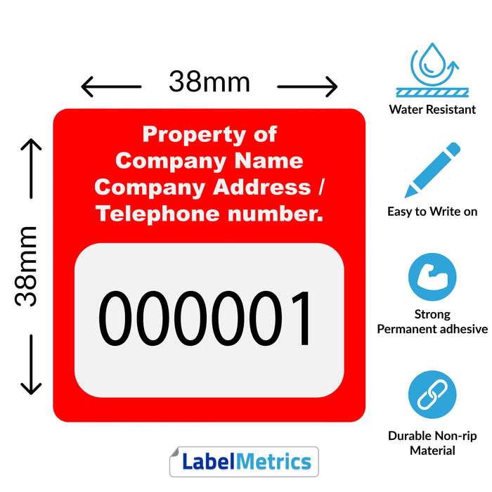 38mm x 38mm Custom Asset Labels, Gloss Polypropylene, Permanent adhesive. Choose your colour, add your text and number sequence.