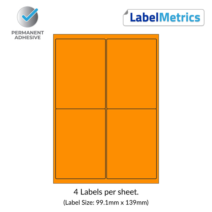 Orange (Pantone 021) A4 Laser Labels - Inkjet Labels - 4 Per Sheet (99.1mm x 139mm) LL04