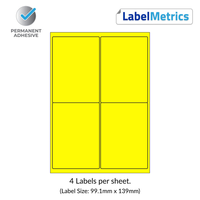 Pantone Yellow A4 Laser Labels - Inkjet Labels - 4 Per Sheet (99.1mm x 139mm) LL04