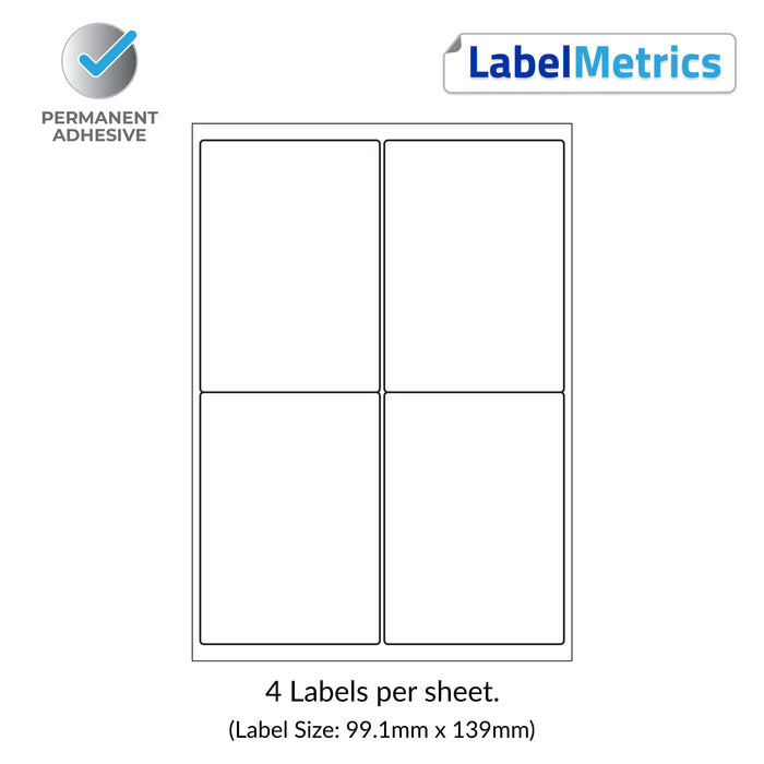 A4 Laser Labels - Inkjet Labels - 4 Per Sheet, 99.1mm x 139mm. (LL04)