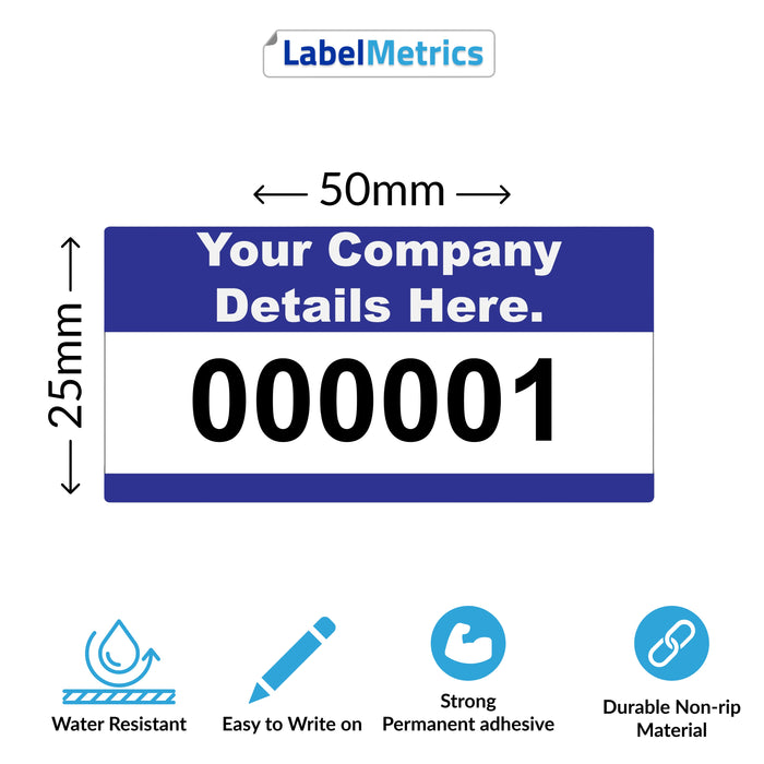 50mm x 25mm Custom Asset Labels, Gloss Polypropylene, Permanent adhesive. Choose your colour, add your text and number sequence.