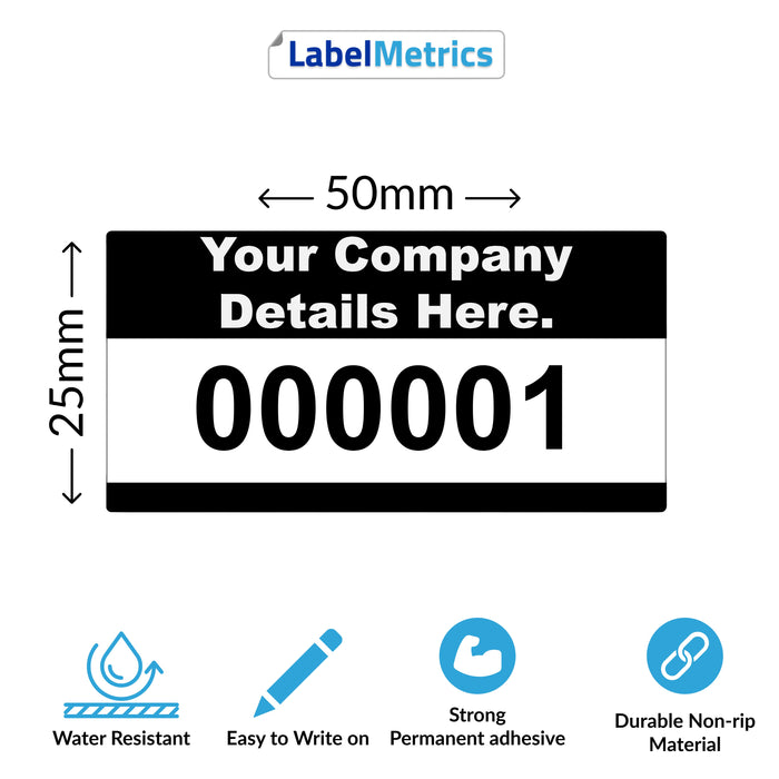 50mm x 25mm Custom Asset Labels, Gloss Polypropylene, Permanent adhesive. Choose your colour, add your text and number sequence.