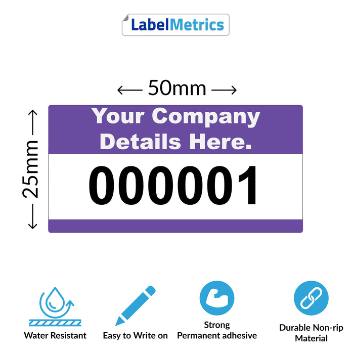50mm x 25mm Custom Asset Labels, Gloss Polypropylene, Permanent adhesive. Choose your colour, add your text and number sequence.