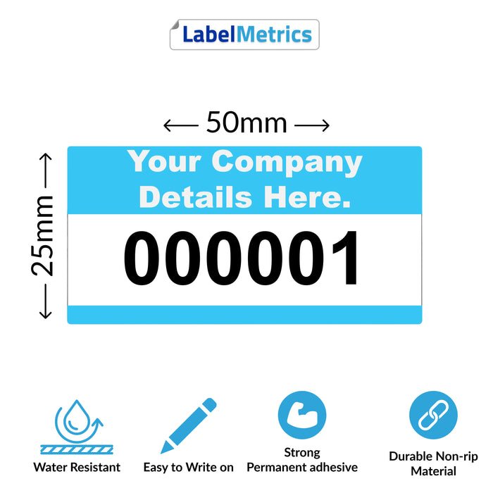 50mm x 25mm Custom Asset Labels, Gloss Polypropylene, Permanent adhesive. Choose your colour, add your text and number sequence.