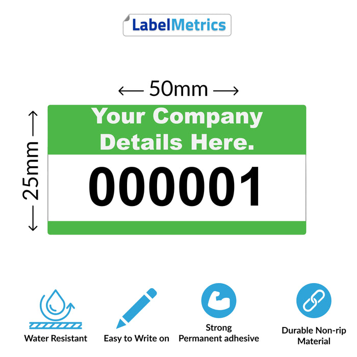 50mm x 25mm Custom Asset Labels, Gloss Polypropylene, Permanent adhesive. Choose your colour, add your text and number sequence.