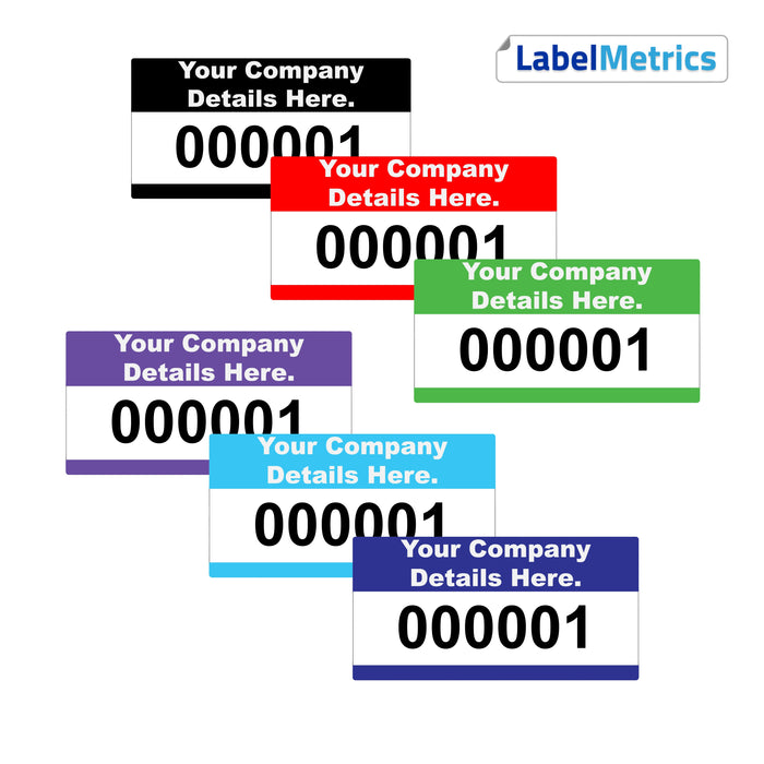 50mm x 25mm Custom Asset Labels, Gloss Polypropylene, Permanent adhesive. Choose your colour, add your text and number sequence.