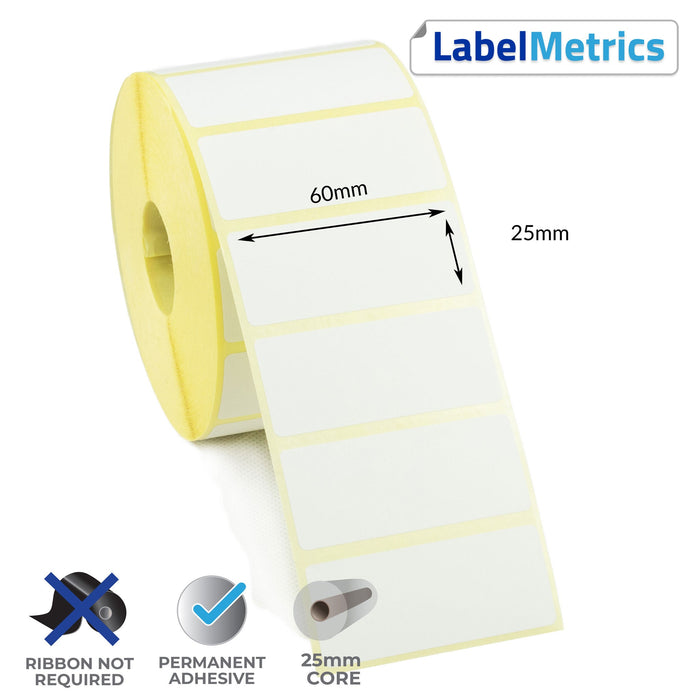 60 x 25mm Direct Thermal Labels - Permanent Adhesive