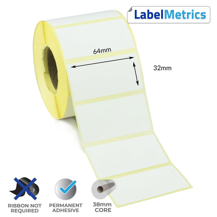 64 x 32mm Direct Thermal Labels - Permanent Adhesive