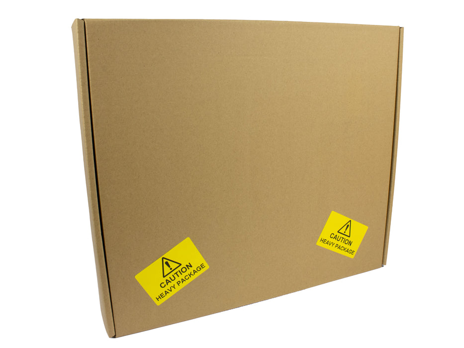 75mm x 50mm Caution Heavy Package Labels/Stickers. Yellow Labels, Black Print. Strong Permanent Adhesive. 500 per roll.