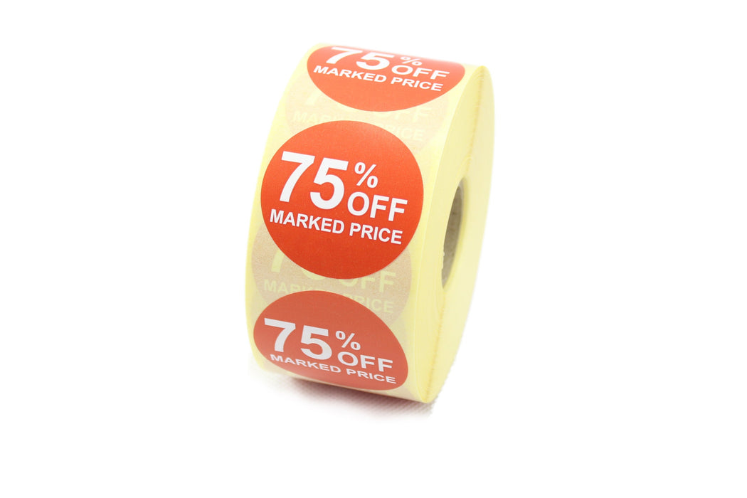 75% off marked price Promotional Labels, Red & White. 40mm Diameter.