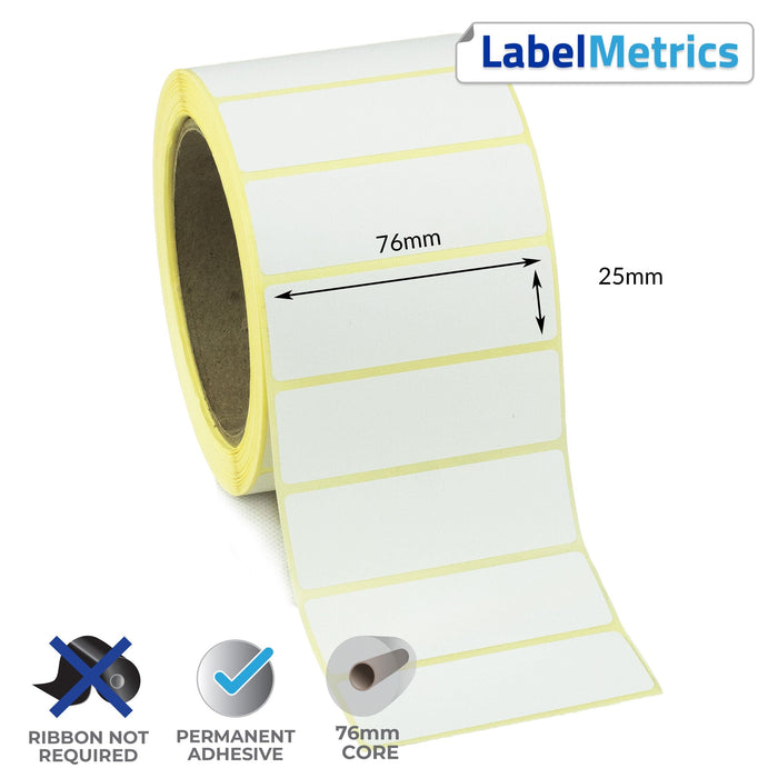 76 x 25mm Direct Thermal Labels - Permanent Adhesive