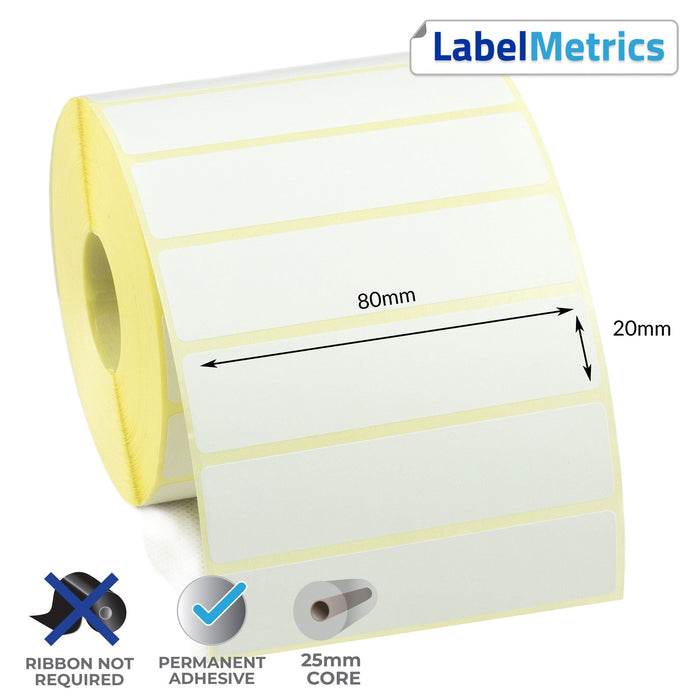 80 x 20mm Direct Thermal Labels - Permanent Adhesive